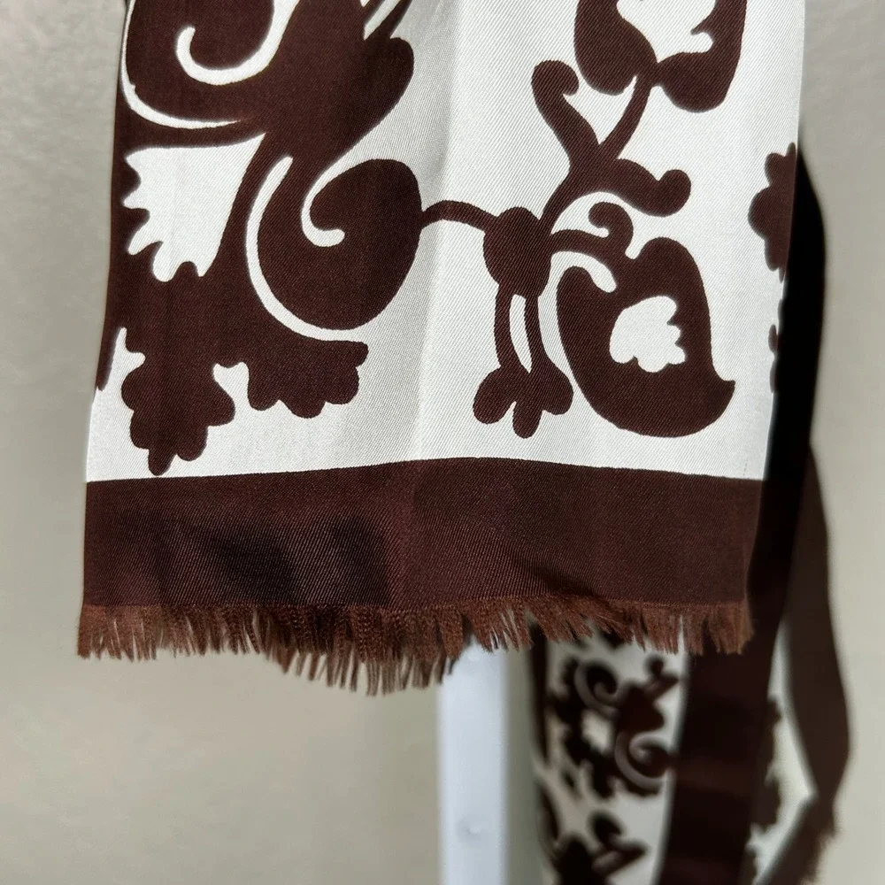 Pierre Carvin Scarf Brown Womens Paisley Floral Damask Fringe Paris 68x17 in